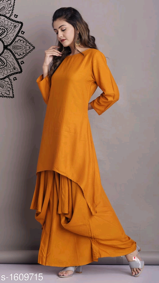 Women Solid Rayon Kurta Set with Dhoti Pants