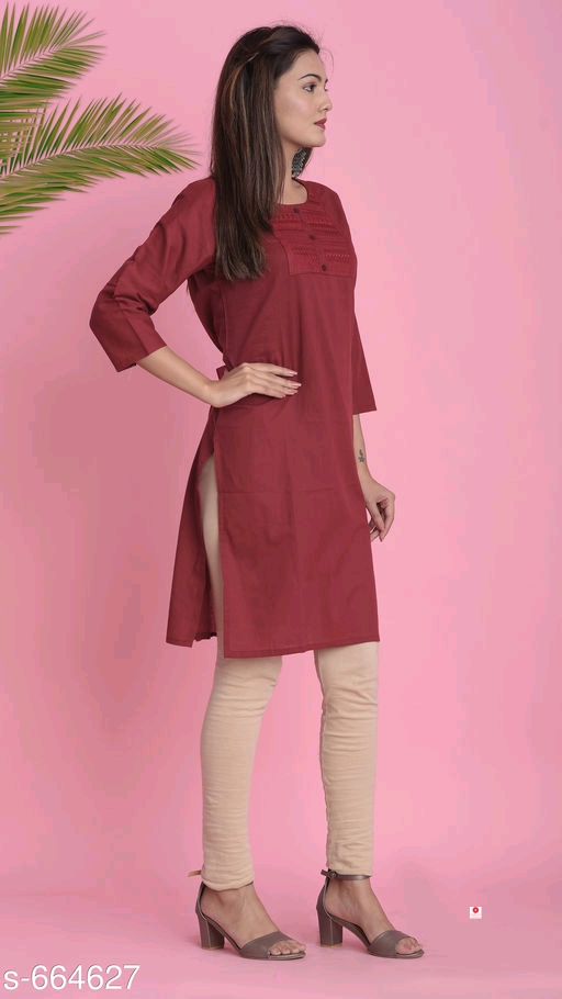 Mandarin Solid Cotton Kurtis
