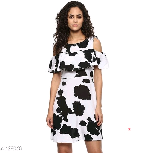 Women's Printed Black Poly Crepe Dress