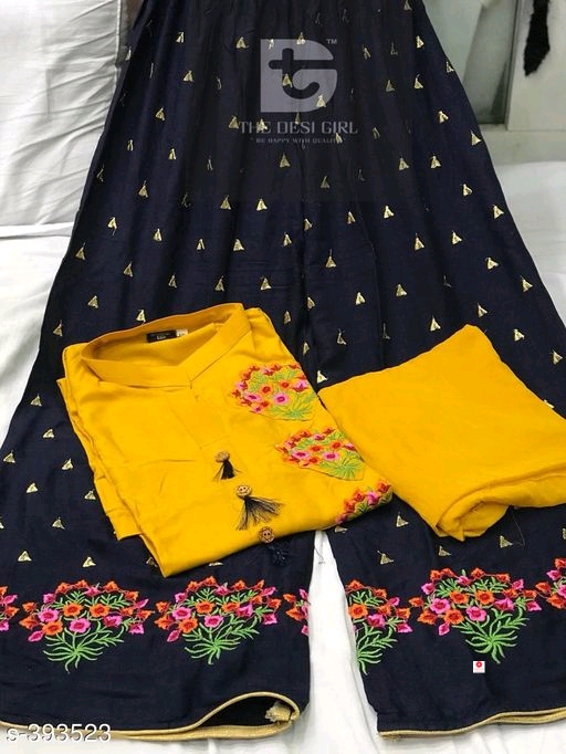 Ladies Embroidered Rayon Cotton Kurta Palazzo