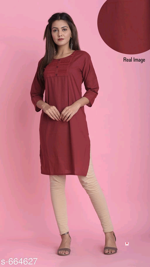 Mandarin Solid Cotton Kurtis